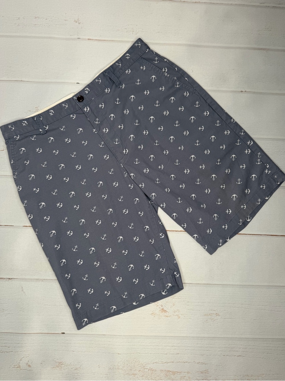 Dockers Blue Anchor Print Shorts Flat Front Nautical Coastal Size 34